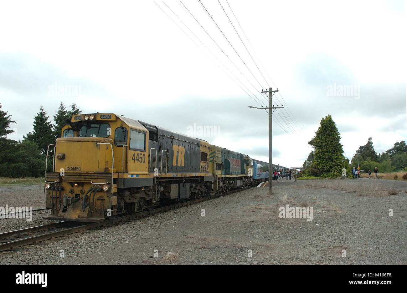Two diesel engines that pull the TranzAlpine Train over the Southern Alps from Christchurch to Greymouth via Arthur's Pass. South Island, New Zealand. Stock Photo