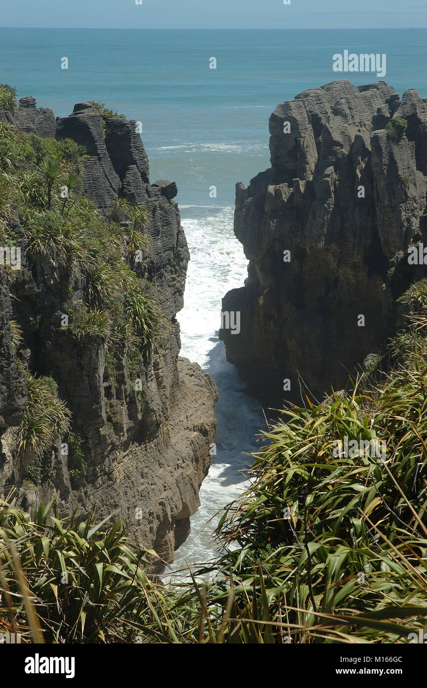 Punakaiki Pancake Rocks;  Paparoa National Park; North West Coast of South Island; New Zealand. NZ.; Limestone rocks; blow holes; geology; Layered roc Stock Photo
