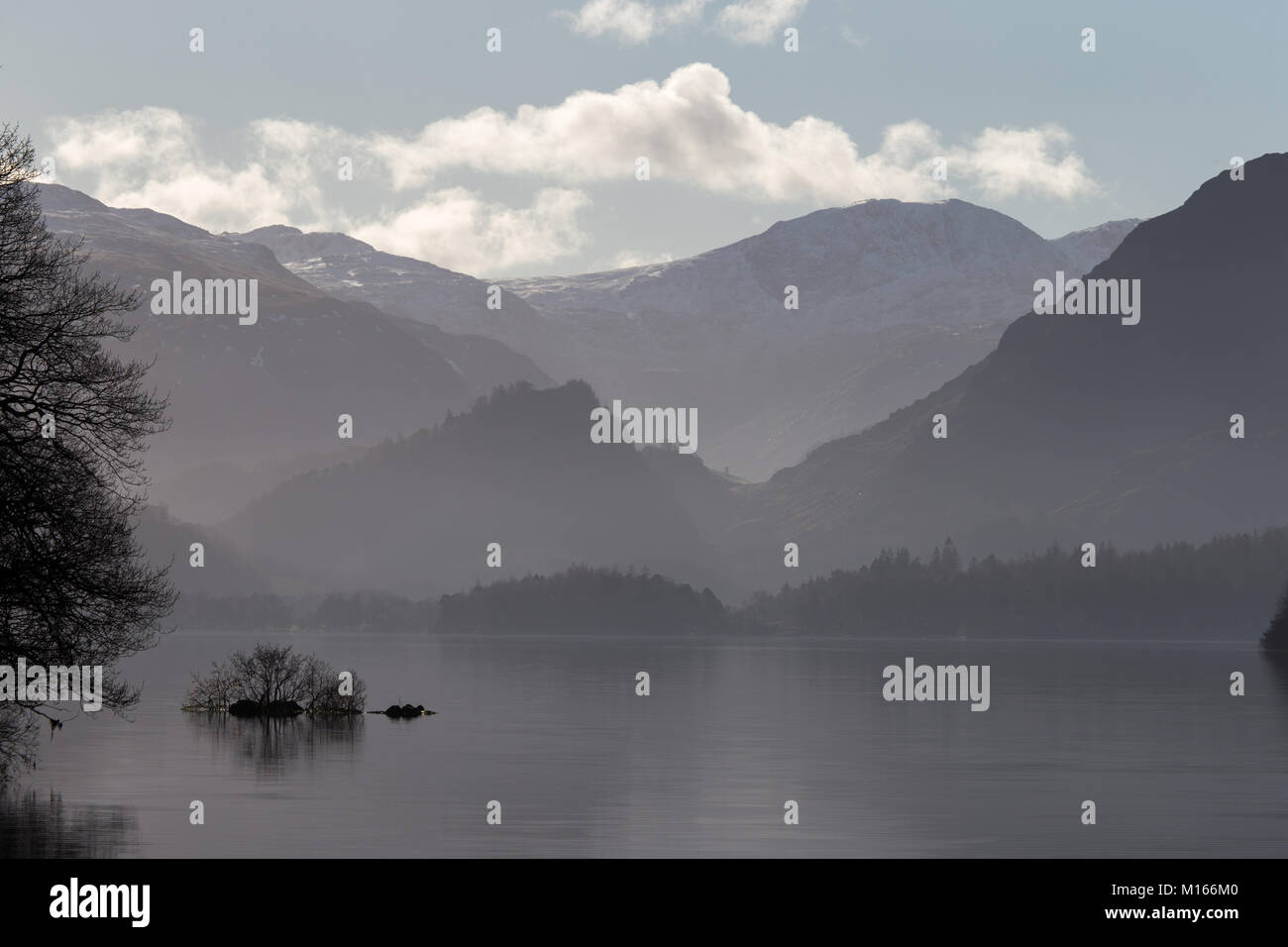 Derwent Water near Keswick, in the English Lake District National Park on a misty/hazy winters day Stock Photo