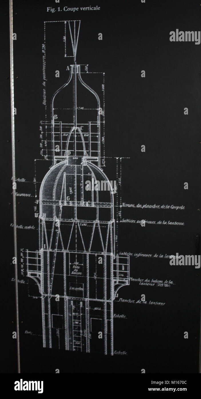 Drawing-a labelled diagram of a vertical section of the eiffel tower inside the Eiffel Tower, Paris, France. Stock Photo