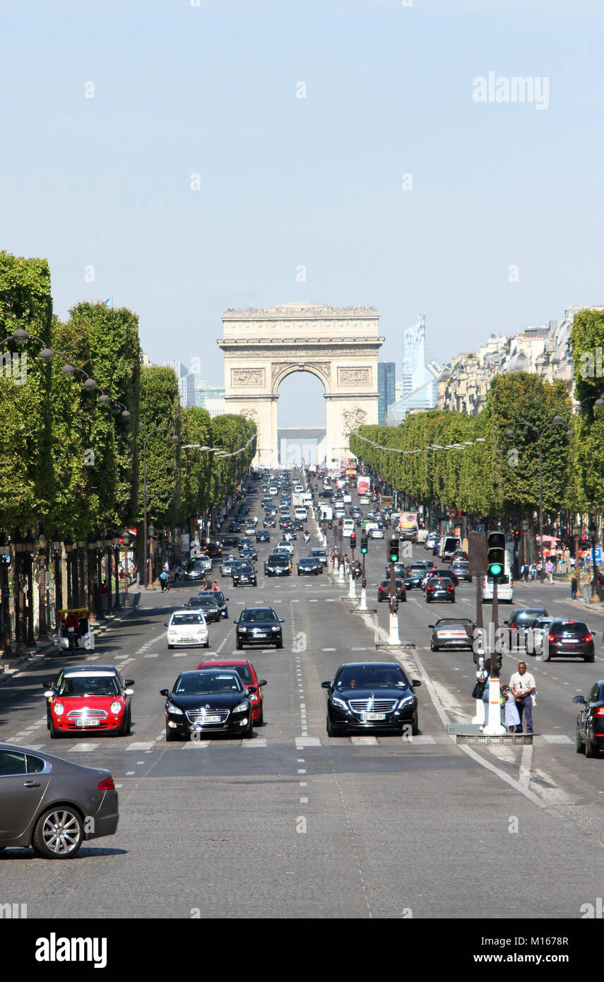 View of the Arc de Triomphe de l'Etoile from the Northwest on Avenue de la Grande Armee (Avenue of the Great Army), Paris, France. Stock Photo