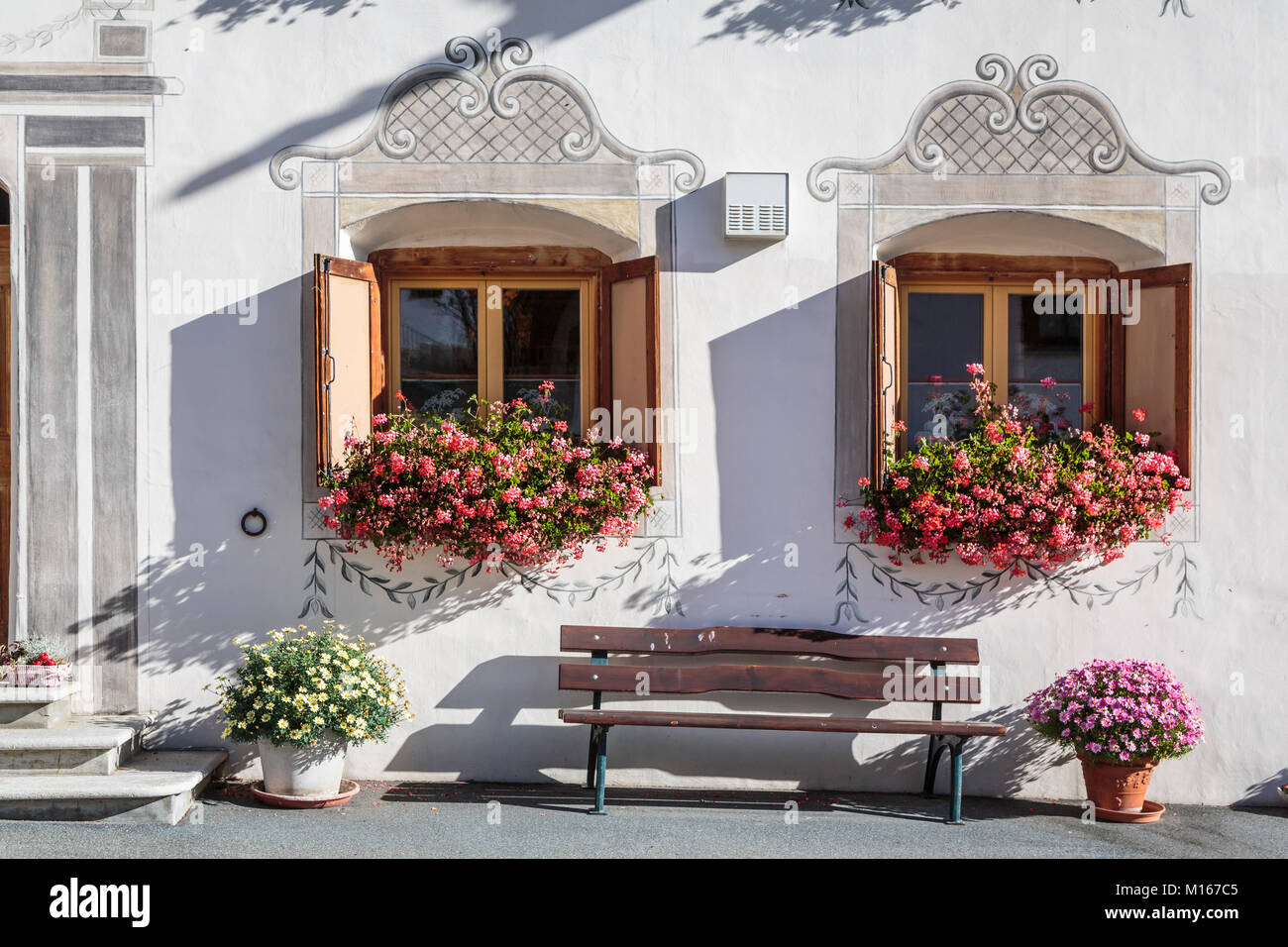 A typical Swiss cottage architecture in the village of Fuldera, Switzerland, Europe. Stock Photo