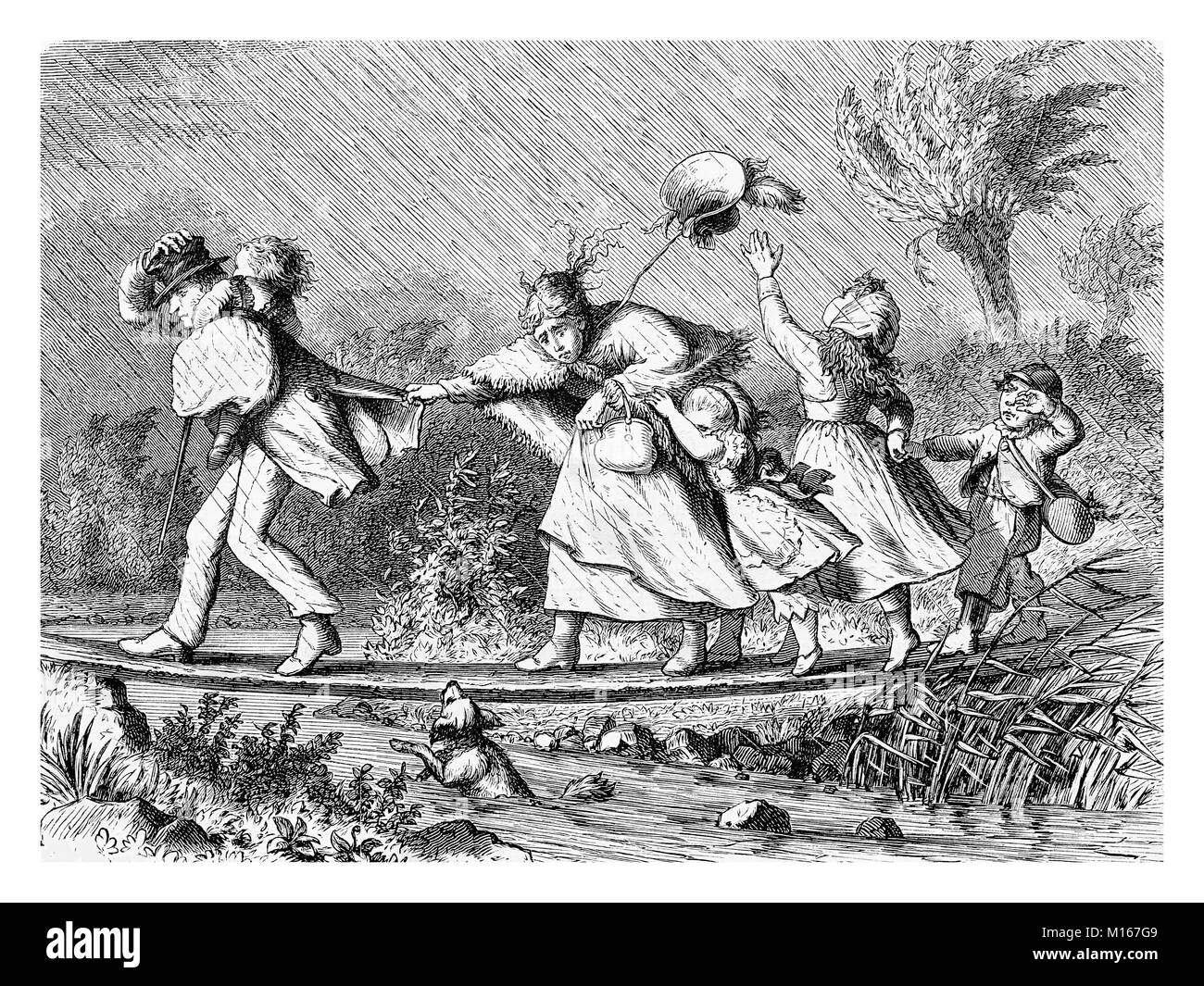 Family at the first spring excursion under the rain, vintage engraving Stock Photo