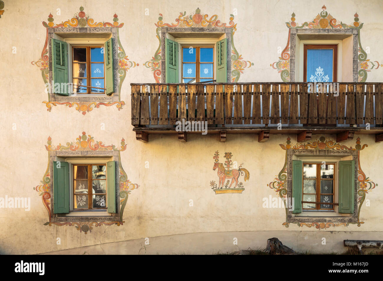 Ornate window designs in the village of Fuldera, Switzerland, Europe. Stock Photo