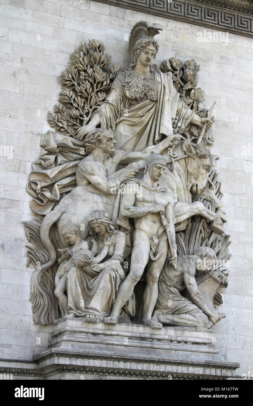A Sculpture on the Arc de Triomphe Etoile, Peace 1815 by Antoine Etex; Paris, France. Stock Photo