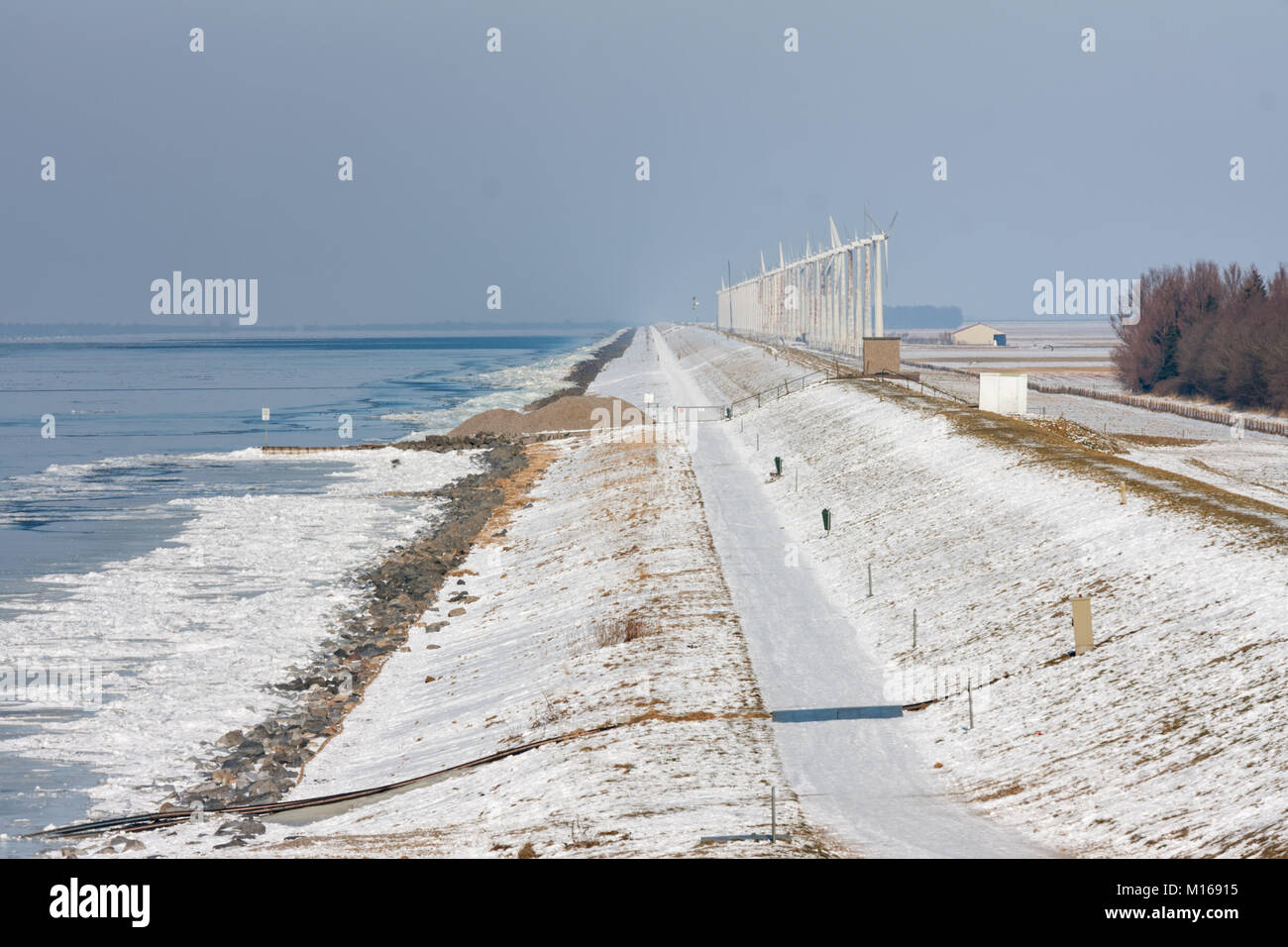 Dutch winter landscape with frozen sea and drifting ice near Urk. At background row of windturbines along the dike Stock Photo