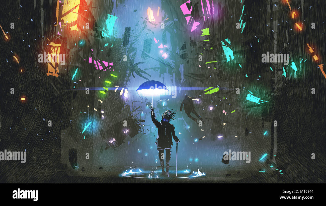 sci-fi scene showing the man holding a magic umbrella destroying futuristic city, digital art style, illustration painting Stock Photo