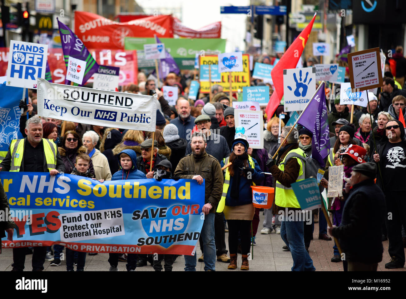 Protesters gathered to rally against further cuts and restructuring to Southend Hospital and Basildon and Broomfield hospitals Stock Photo