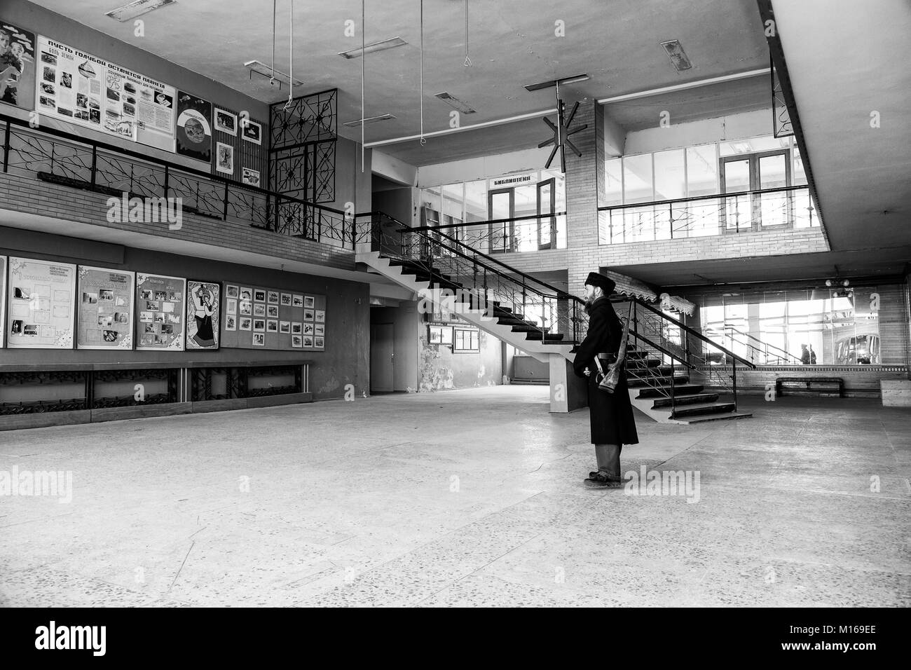 PYRAMIDEN, NORWAY - June 25, 2015: Inside of the ruined building at the abandoned Russian arctic settlement Pyramiden, Norway. Stock Photo