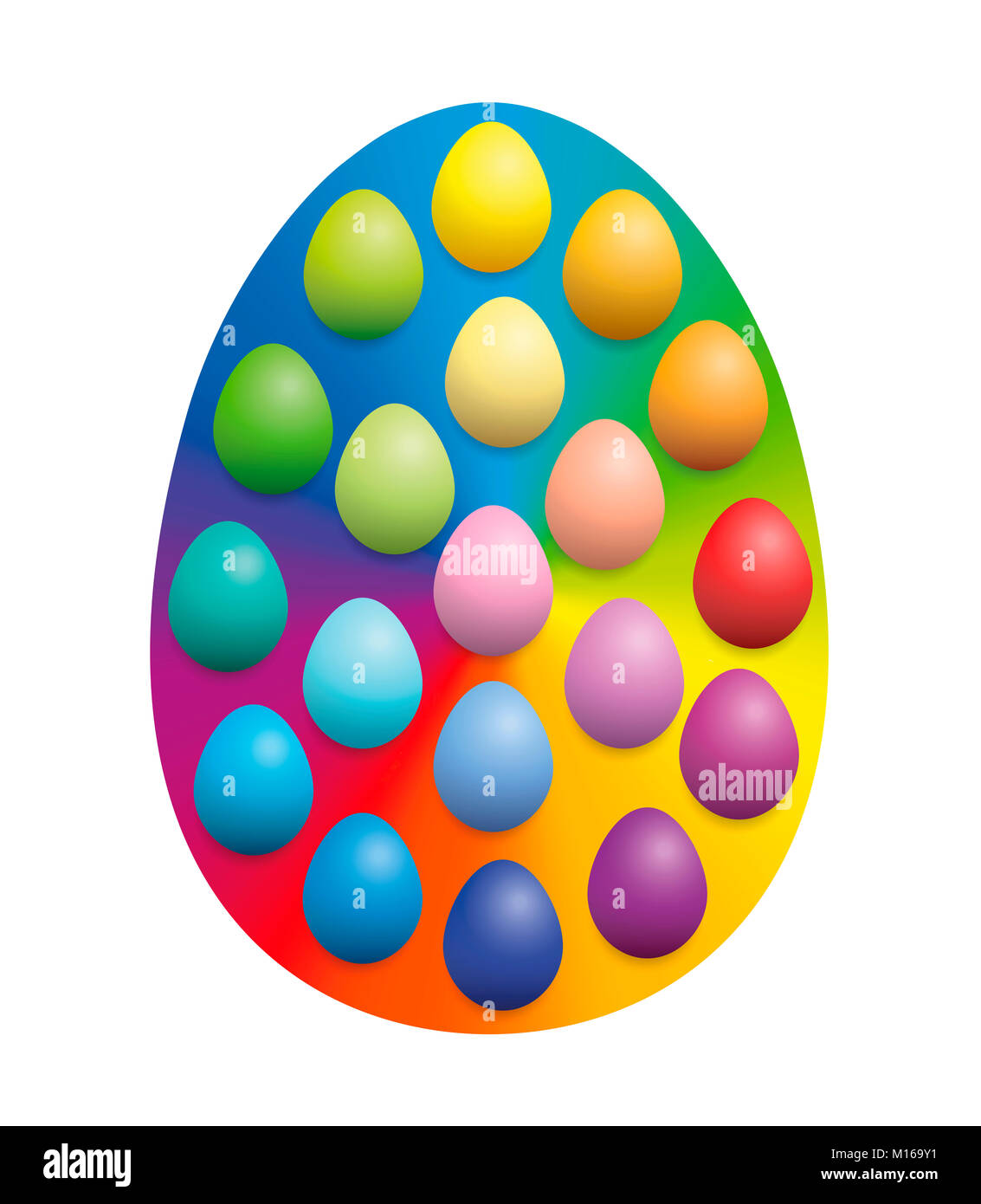 Easter eggs spread over a big rainbow colored easter egg background to increase their color intensity. Illustration over white background. Stock Photo