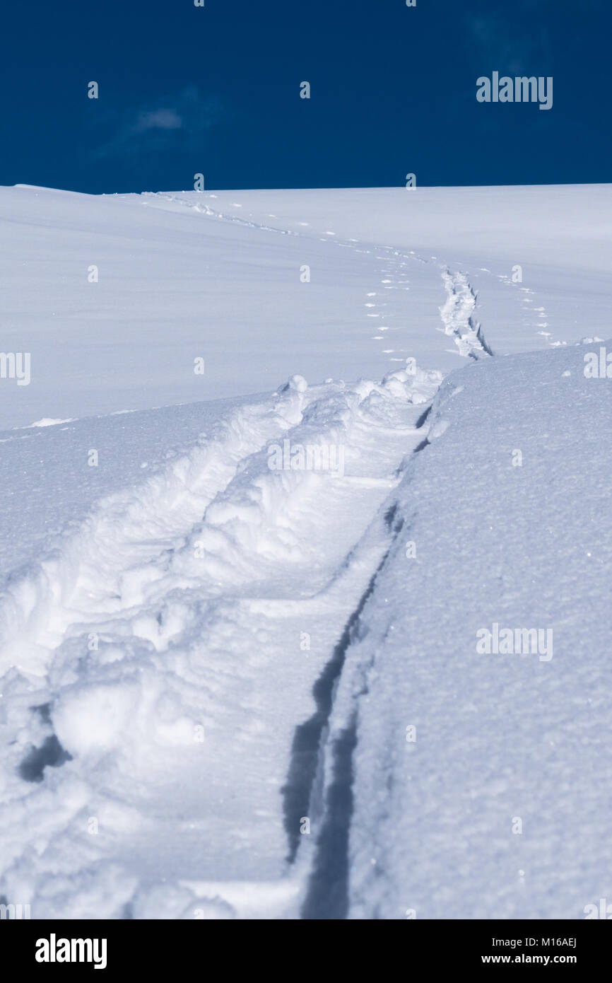 A track leading over a snow field to a ridge ahead made in fresh powder ...
