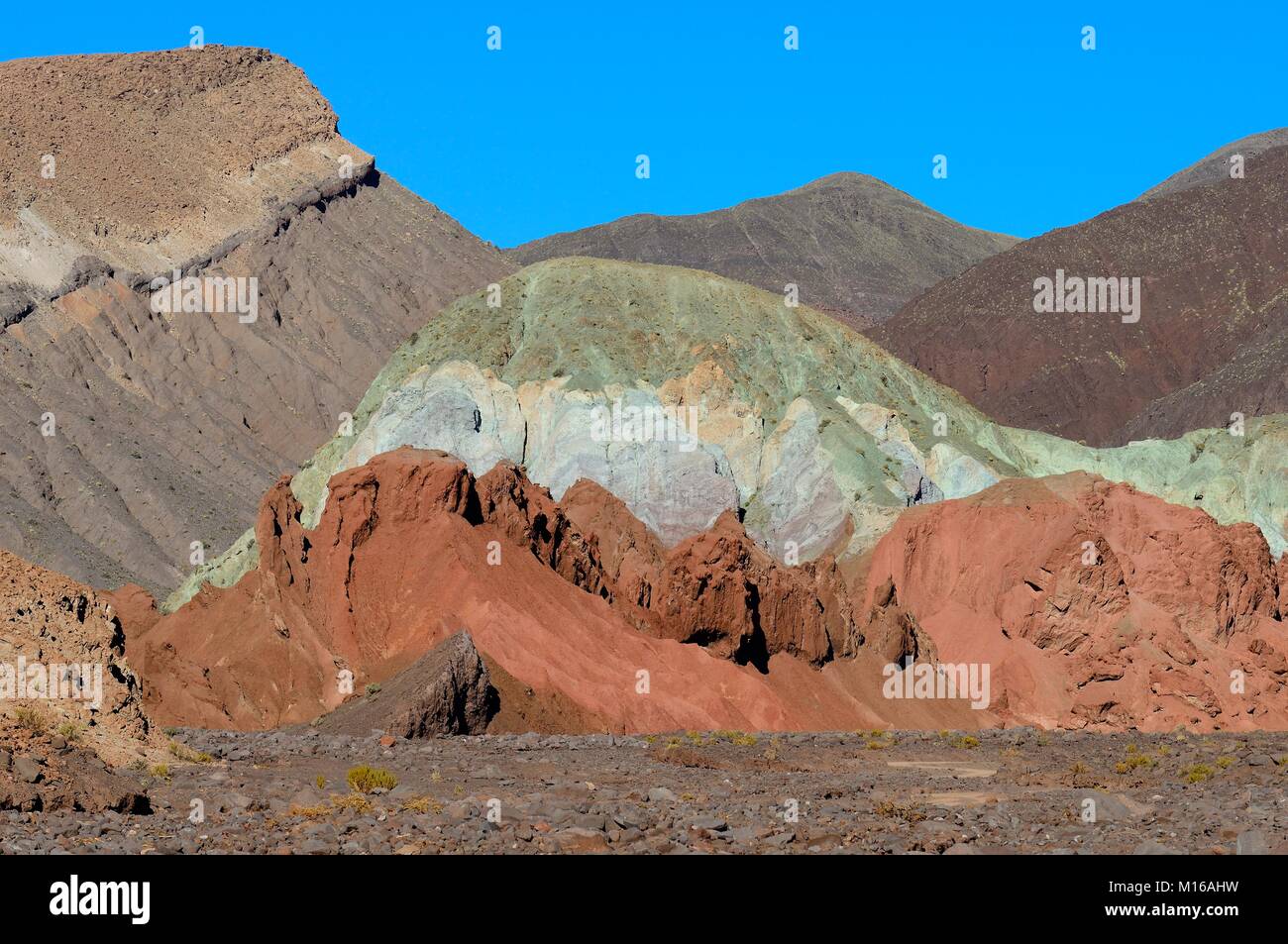 Rock formations in different colours in the Atacama Desert, Rainbow Valley, Valle Arcoiris, Región de Antofagasta, Chile Stock Photo