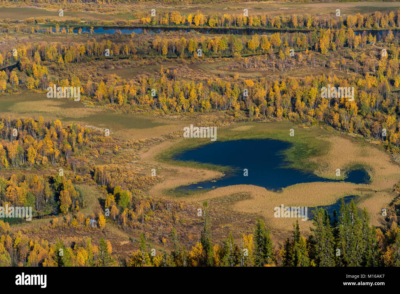 Autumn landscape, view from Mount Nammasj, Kvikkjokk Delta, Sarek National Park, Norrbottens, Norrbottens län, Lapland, Sweden Stock Photo