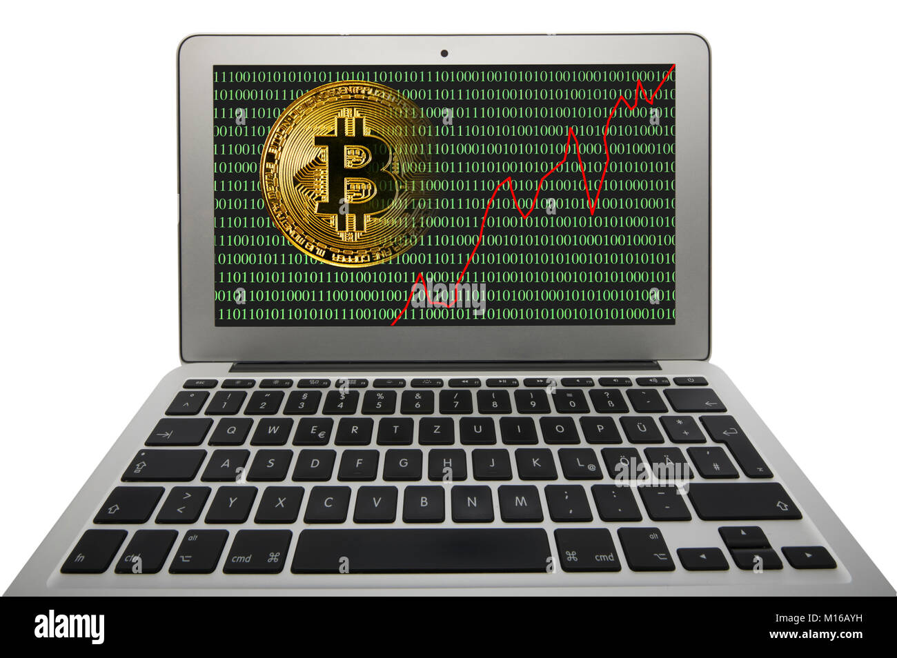 Symbol image turbulence, volatility, stock price digital currency, gold physical coin bitcoin laptop with digital binary code Stock Photo