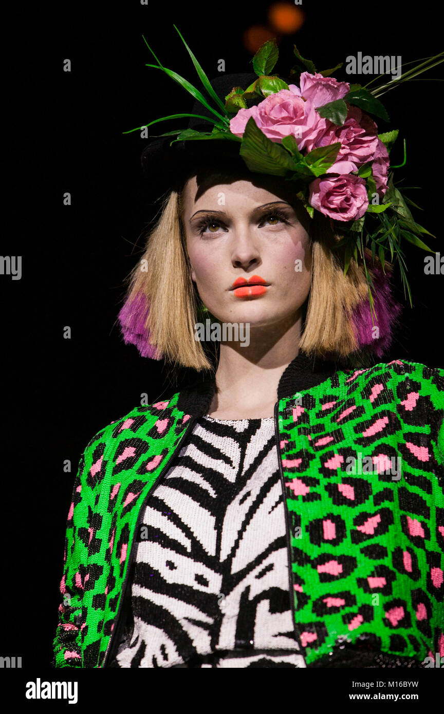 London Fashion Week, Model wearing colourful outfit designed by Indian