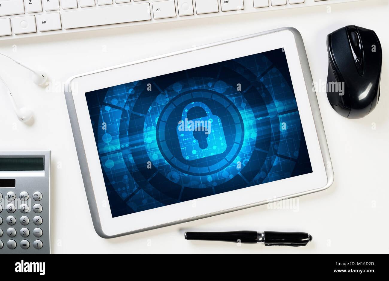 Web security and technology concept with tablet pc on wooden table ...