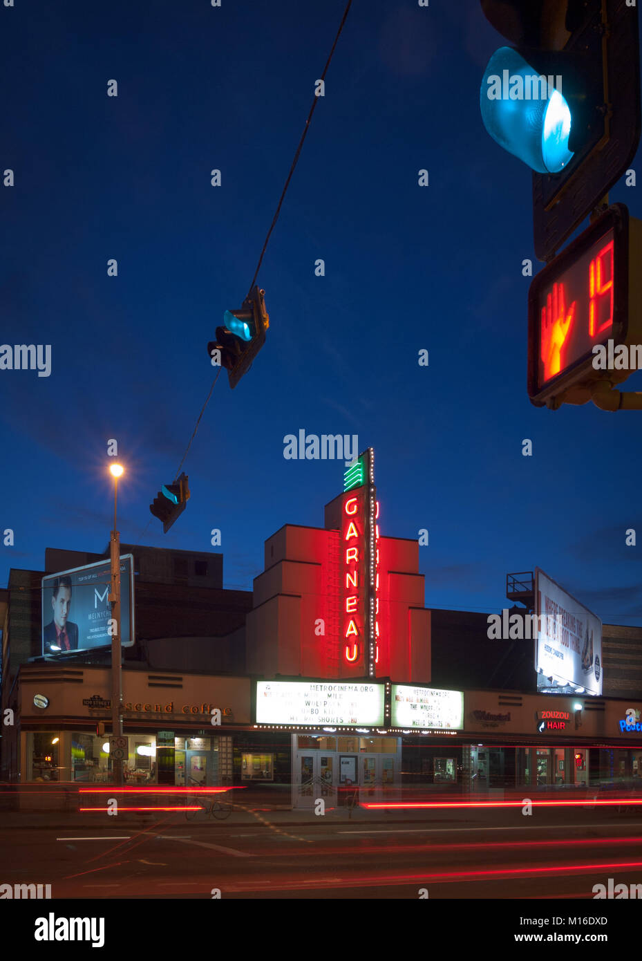 A night view of the historic Garneau Theatre in the Garneau
