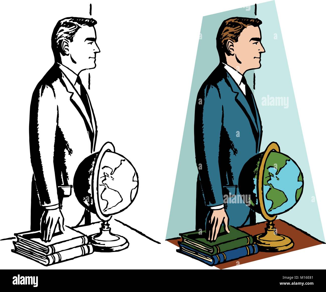 A businessman standing at his desk with some books and a globe. Stock Vector