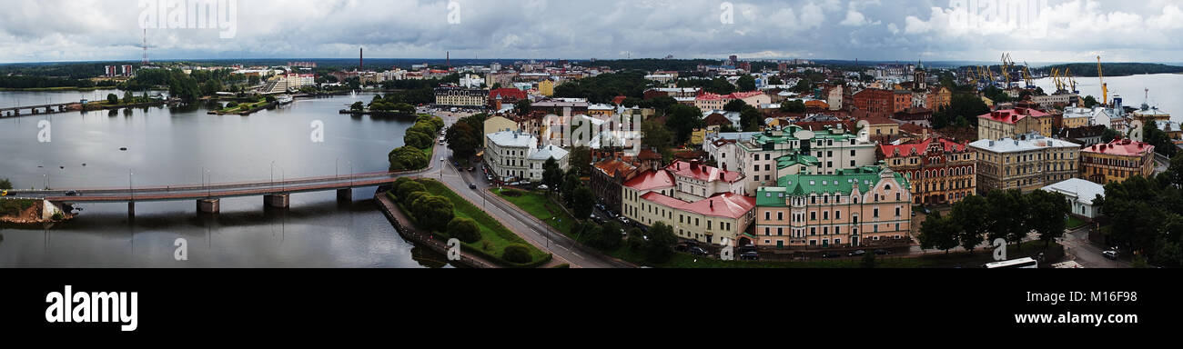 View of Vyborg from a bird's-eye view, Russia, Leningrad Region, noon, sun at its zenith, water landscape. Panorama of Vyborg Stock Photo