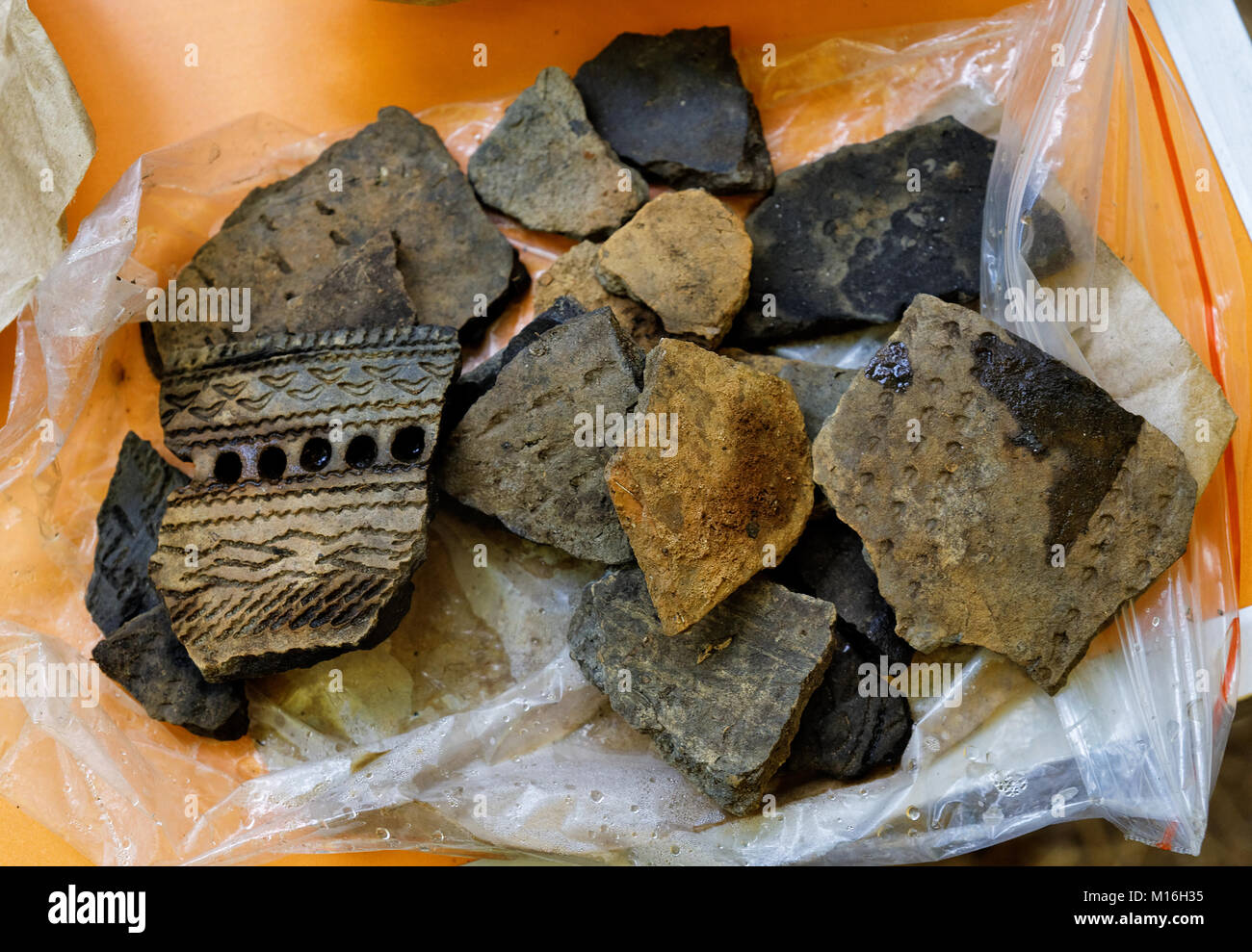 Archaeological finds shards of ancient pottery vessels Stock Photo