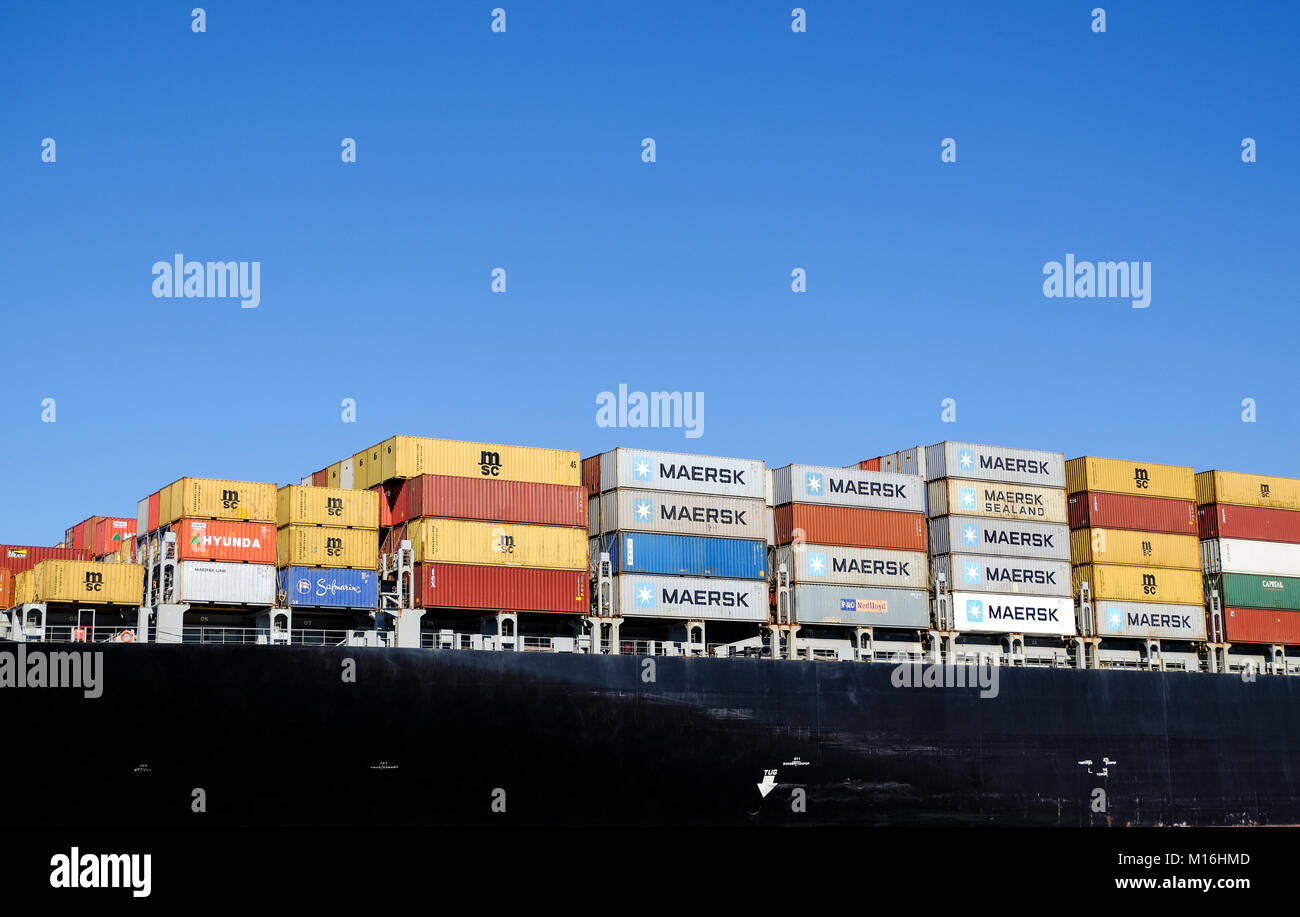SAVANNAH, GEORGIA, USA - OCTOBER 31, 2017 Details of a container ship ...