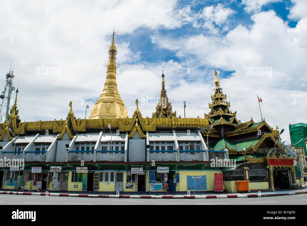 Exterior of Sule Pagoda and golden stupa, at a crossroad and used as a 