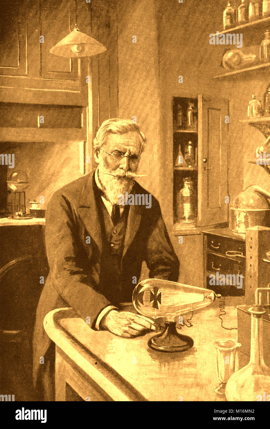 A 1921 children's book image of Sir William Crookes (1832-1919),  British chemist scientist, meteorologist  and physicist from the Royal College of Chemistry. He was inventor of  'Crookes radiometer', president of the Society for Psychical Research. and published a journal 'Chemical News'.He joined the Theosophical Society and was a member of the Hermetic Order of the Golden Dawn Stock Photo