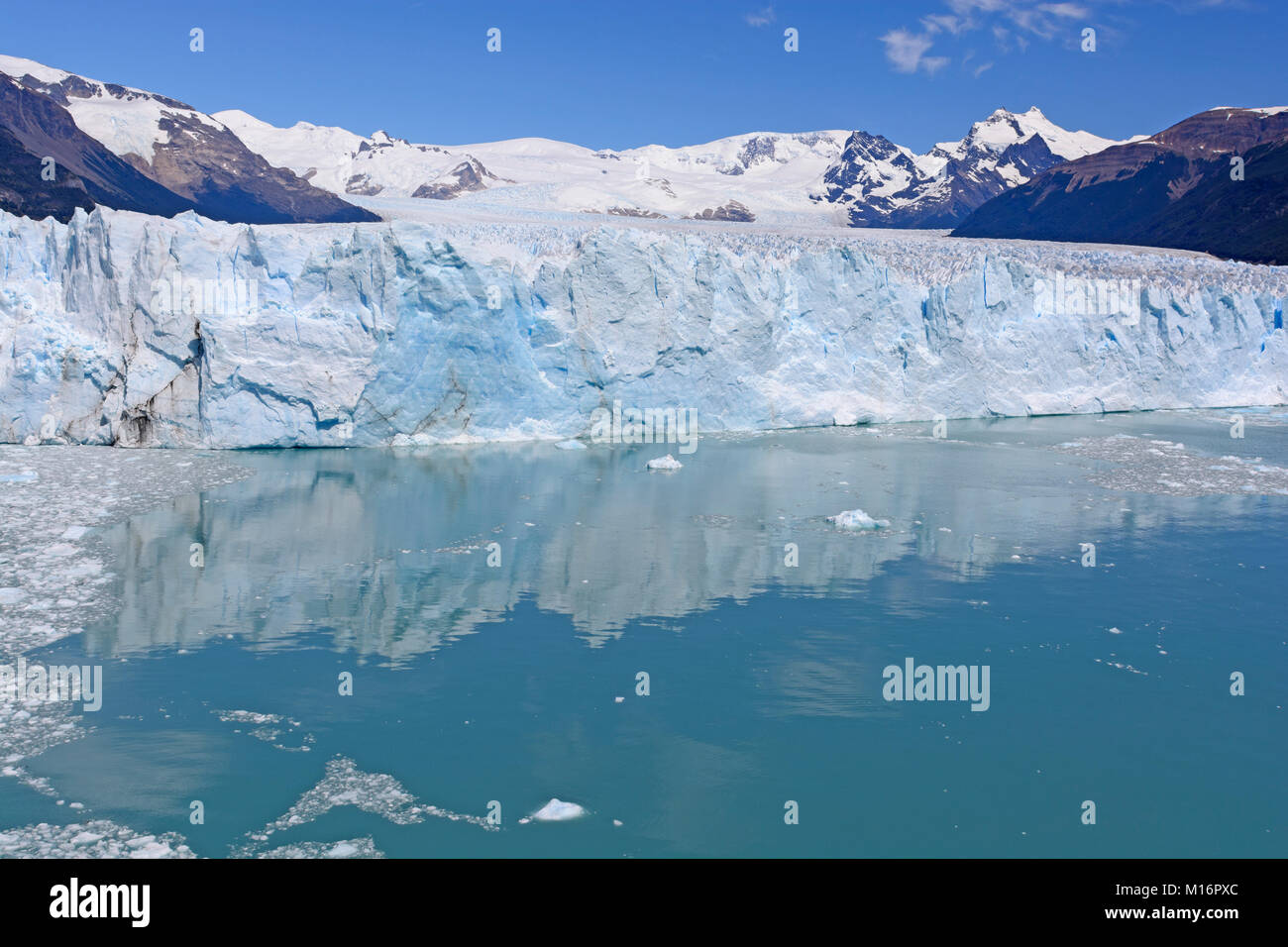 Calm waters below the Perito Moreno Glacier Los Glaciares National Park in the Patagonian Andes of Argentina Stock Photo