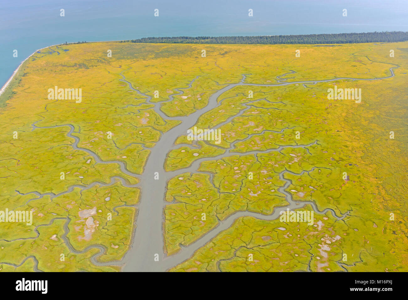 Colorful Estuary seen from above on the Alaska Peninsula in the Cook Inlet Stock Photo