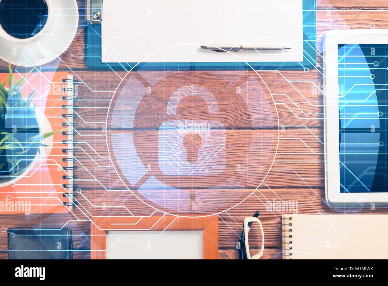 Business workplace with tablet pc and security concept on screen Stock ...
