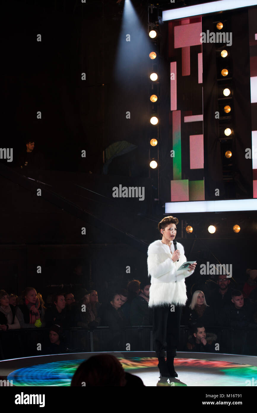 Borehamwood, England, UK 26 January 2018. Emma Willis hosts the Celebrity Big Brother live triple eviction at Elstree Studios. Credit:  Laura De Meo / Alamy Live News Stock Photo