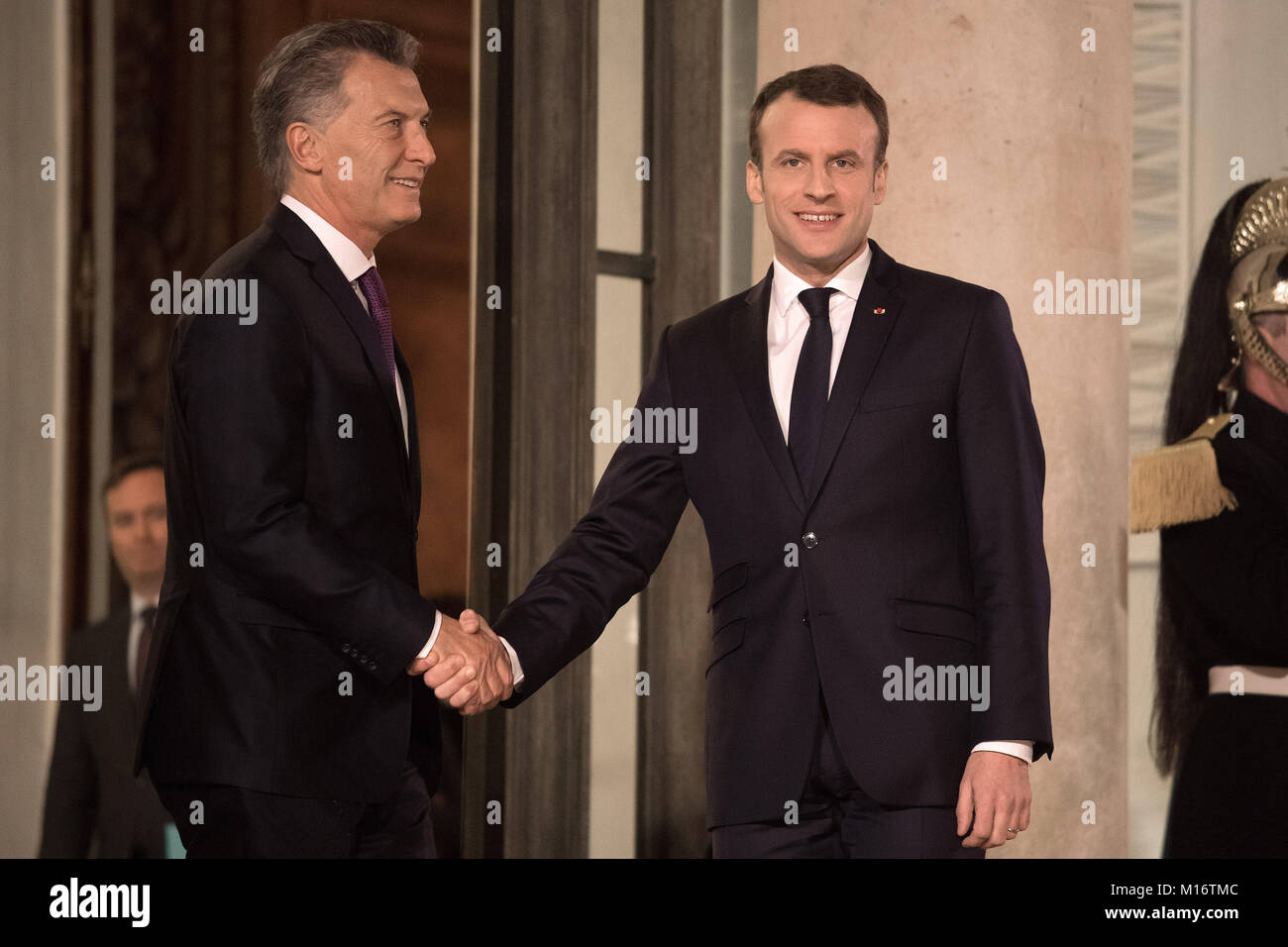 Paris. 26th Jan, 2018. French President Emmanuel Macron (R) shakes hands with the visiting Argentine President Mauricio Macri at the Elysee Palace in Paris, France on Jan. 26, 2018. Credit: Jack Chan/Xinhua/Alamy Live News Stock Photo
