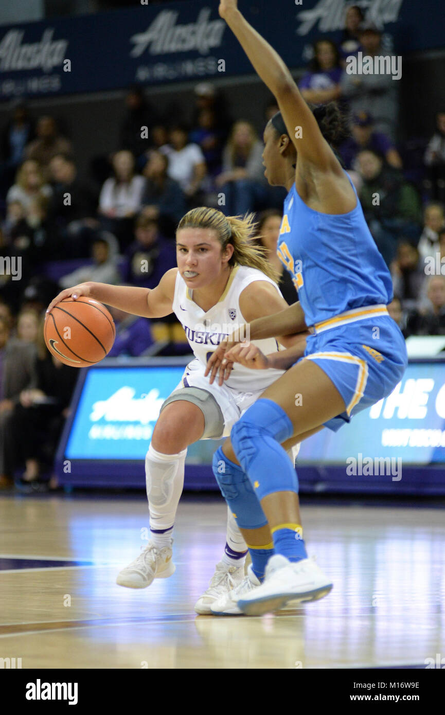 Seattle, WA, USA. 26th Jan, 2018. UW guard Amber Melgoza (4) drives to the hoop against UCLA's Kennedy Burke (22) during a PAC12 womens basketball game between the Washington Huskies and UCLA Bruins. The game was played at Hec Ed Pavilion in Seattle, WA. Jeff Halstead/CSM/Alamy Live News Stock Photo
