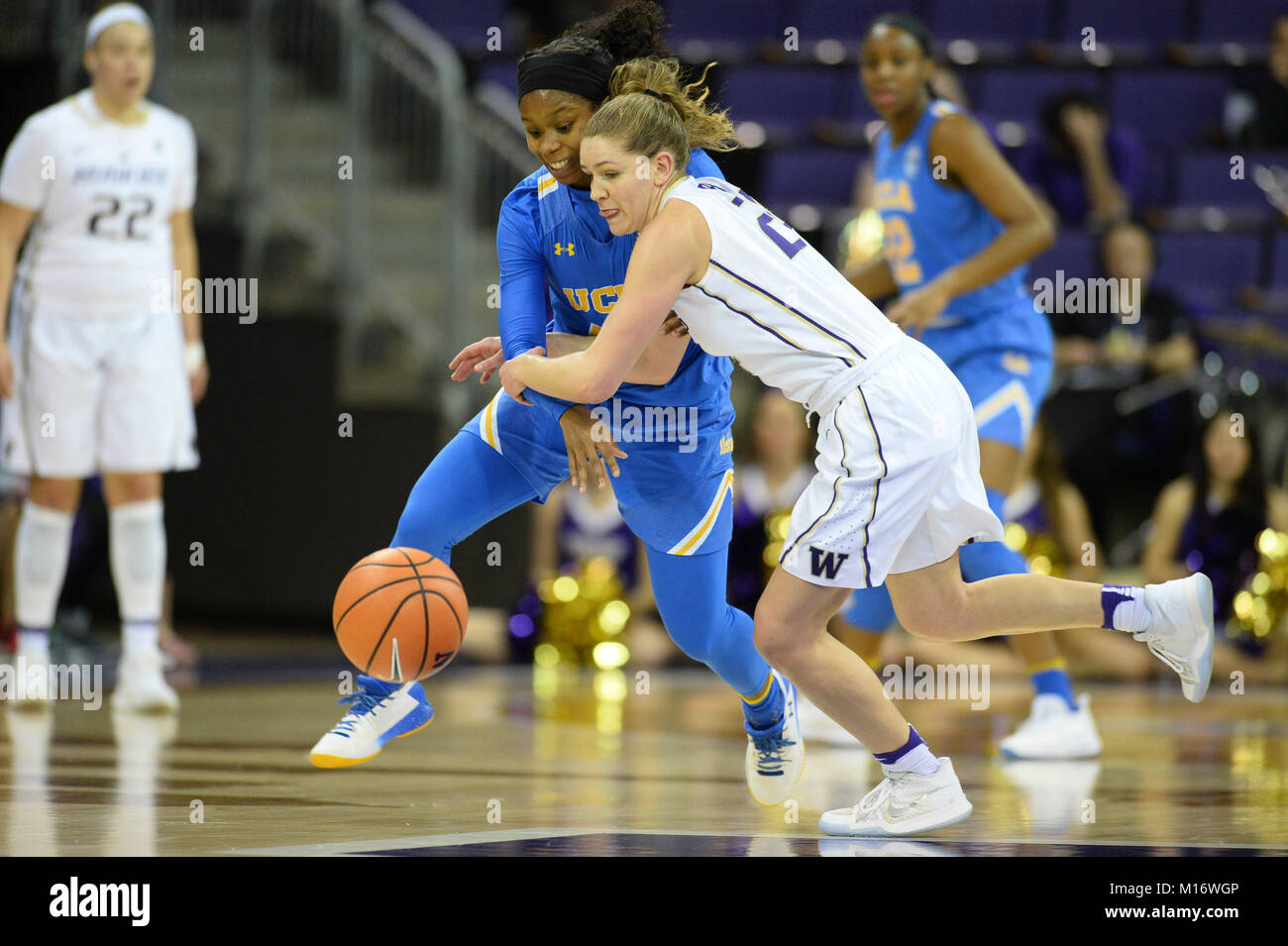 Seattle, WA, USA. 26th Jan, 2018. UW guard Jenna Moser (24) and UCLA's Japreece Dean (24) battle for the loose ball during a PAC12 womens basketball game between the Washington Huskies and UCLA Bruins. The game was played at Hec Ed Pavilion in Seattle, WA. Jeff Halstead/CSM/Alamy Live News Stock Photo