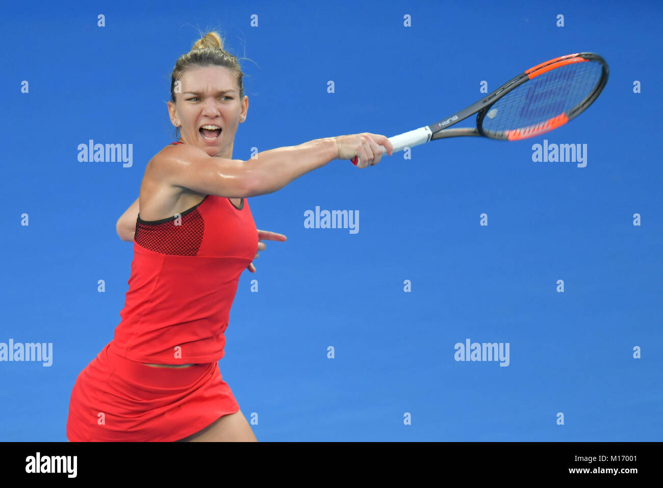 Melbourne, Australia. 27th Jan, 2018. Number one seed Simona Halep of Romania in action in the Women's Final against number two seed Caroline Wozniacki of Denmark on day thirteen of the 2018 Australian Open Grand Slam tennis tournament in Melbourne, Australia. Sydney Low/Cal Sport Media/Alamy Live News Stock Photo