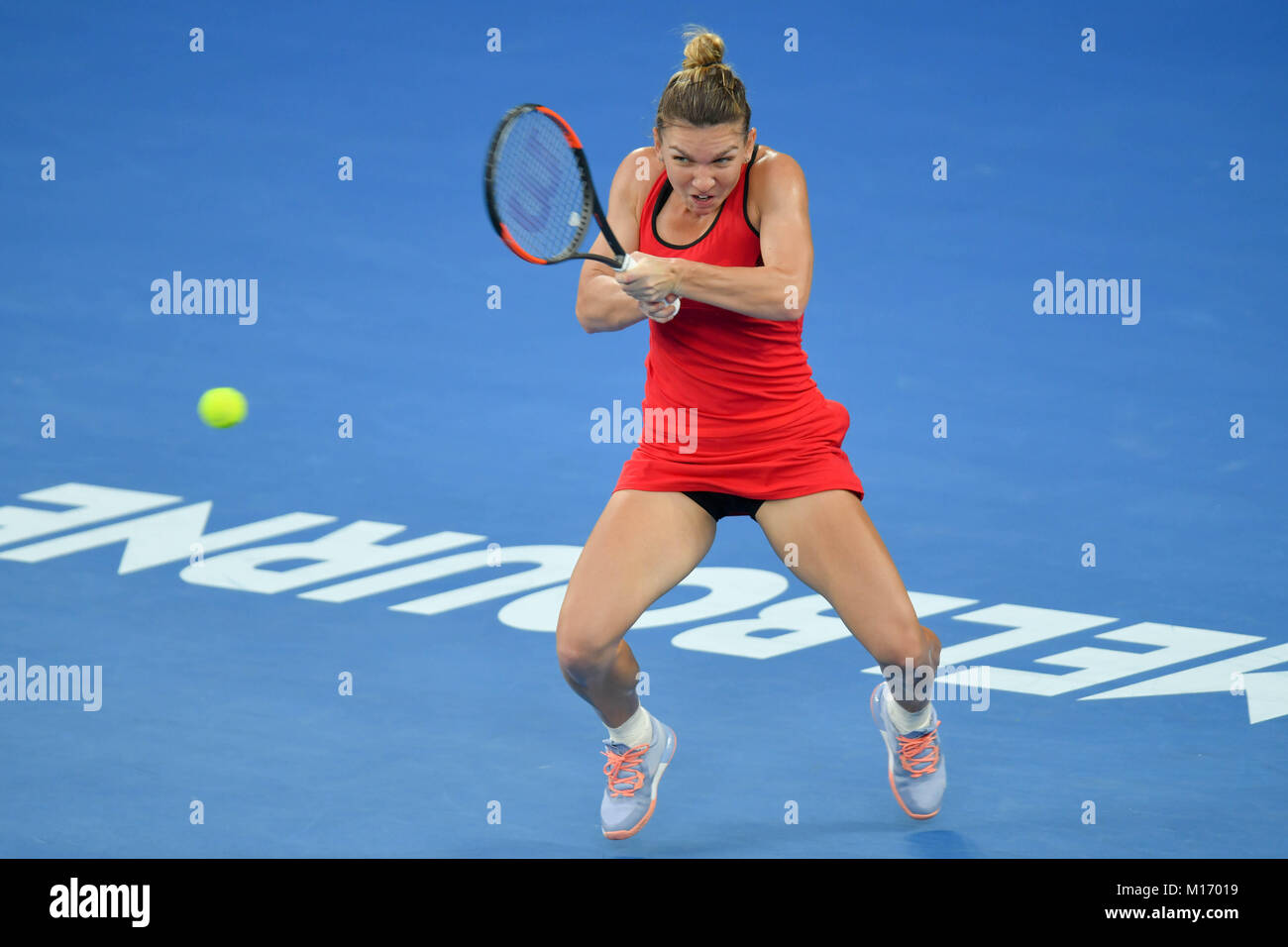 Melbourne, Australia. 27th Jan, 2018. Number one seed Simona Halep of Romania in action in the Women's Final against number two seed Caroline Wozniacki of Denmark on day thirteen of the 2018 Australian Open Grand Slam tennis tournament in Melbourne, Australia. Sydney Low/Cal Sport Media/Alamy Live News Stock Photo