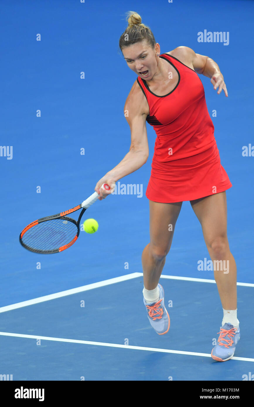 Melbourne, Australia. 27th Jan, 2018. Number one seed Simona Halep of Romania in action in the Women's Final against number two seed Caroline Wozniacki of Denmark on day thirteen of the 2018 Australian Open Grand Slam tennis tournament in Melbourne, Australia. Sydney Low/Cal Sport Media/Alamy Live News Stock Photo