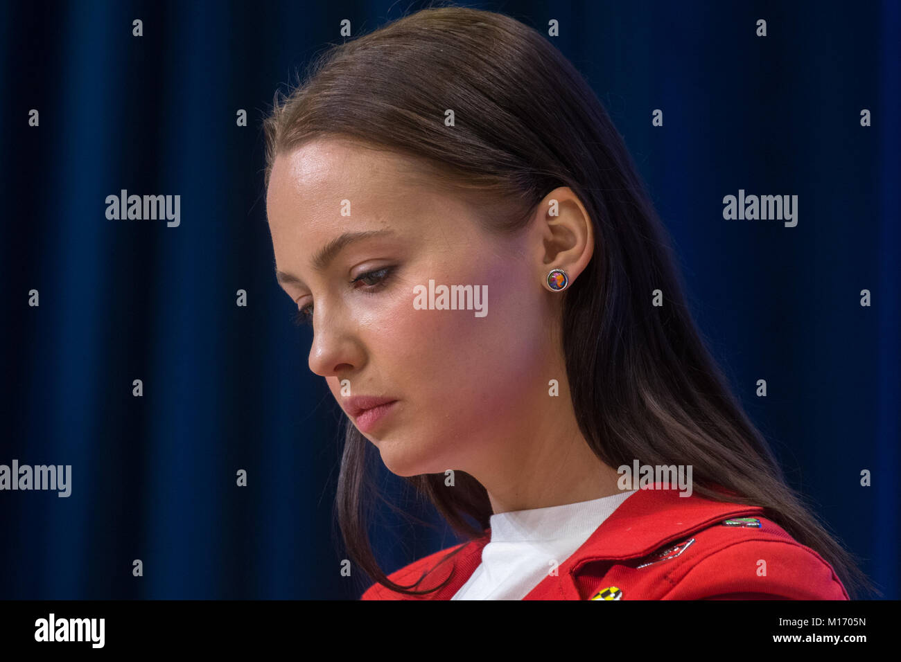 Moscow, Russia. 25th January, 2018. Actress Yulia Khlynina at a news conference ahead of the press-preview of the Selfie film at the Rossiya Segodnya news agency's international multimedia press center. Credit: Victor Vytolskiy/Alamy Live News Stock Photo