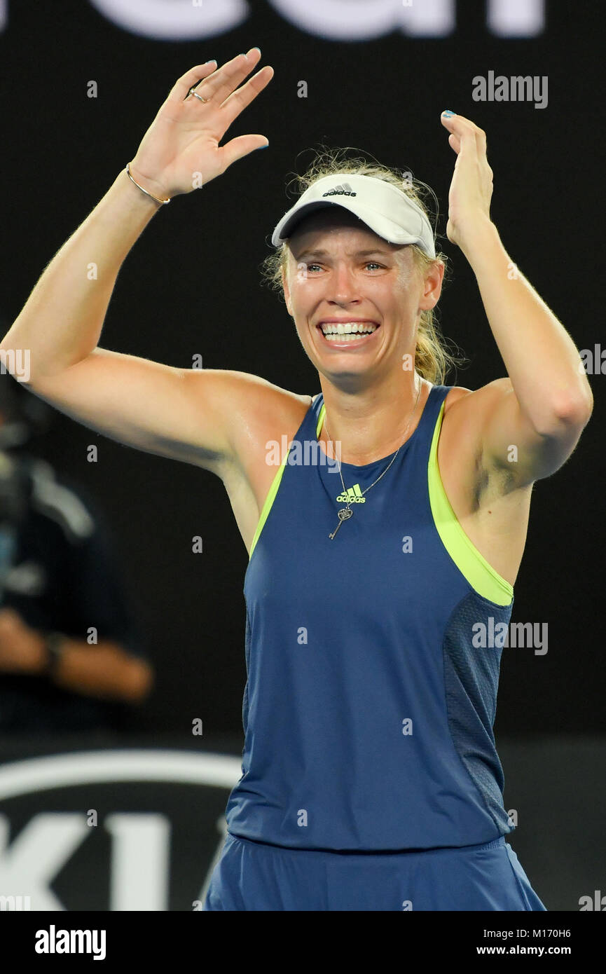 Melbourne, Australia. 27th Jan, 2018. Number two seed Caroline Wozniacki of Denmark celebrates after winning the Women's Final against number one seed Simona Halep of Romania on day thirteen of the 2018 Australian Open Grand Slam tennis tournament in Melbourne, Australia. Sydney Low/Cal Sport Media/Alamy Live News Stock Photo