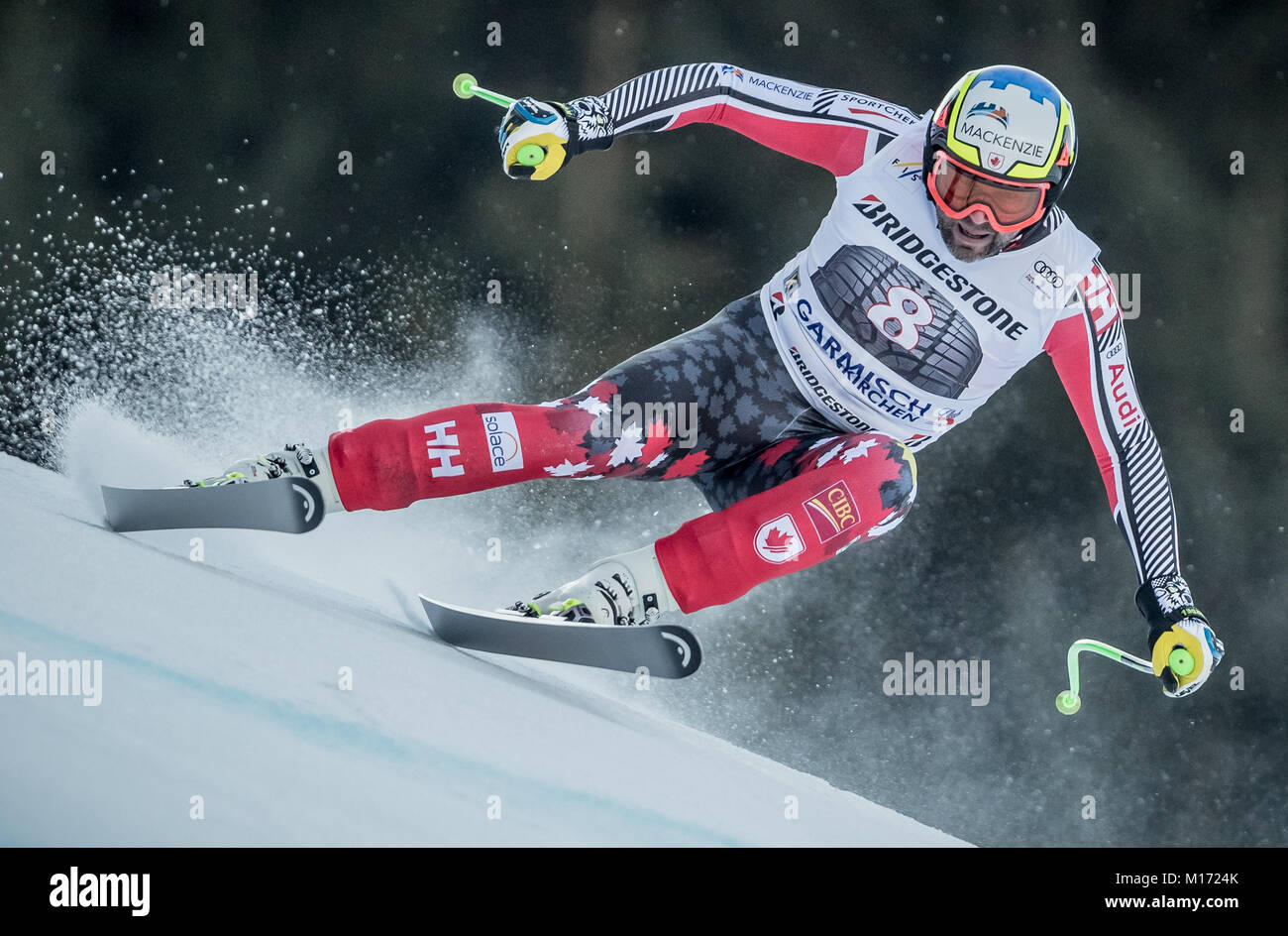 Manuel Osborne-Paradis (Canada) in action during the men's downhill event at the Ski World Cup in Garmisch-Partenkirchen, Germany, 27 Janaury 2018. Photo: Michael Kappeler/dpa Stock Photo