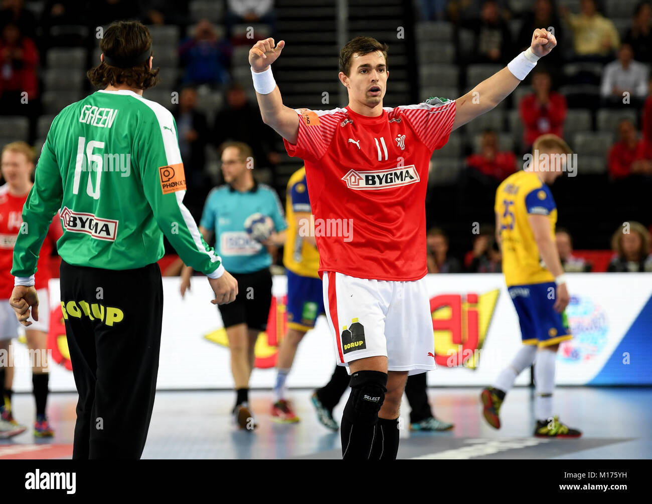 Zagreb, Croatia. 26th Jan, 2018. Denmark's goalkeeper Yannick Green Krejberg (L) and his team rejoice over the draw at the end of standard play time during the European Men's Handball Championship match between Denmark and Sweden in Zagreb, Croatia, 26 January 2018. Credit: Monika Skolimowska/dpa-Zentralbild/dpa/Alamy Live News Stock Photo