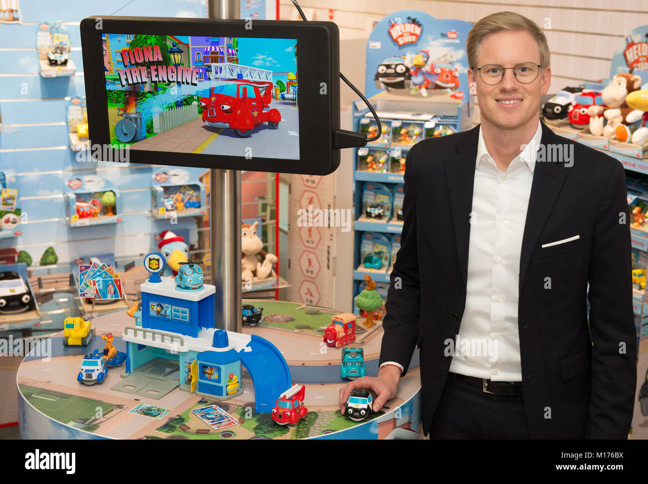 Felix Stork, Corporate Marketing Director of the Simba Dickie Group GmbH stands during the annual press meeting of the toy manufacturers Simba Dickie and Maerklin regarding the Nuremberg International Toy Fair, in Fuerth, Germany, 26 January 2018. Photo: Timm Schamberger/dpa Stock Photo