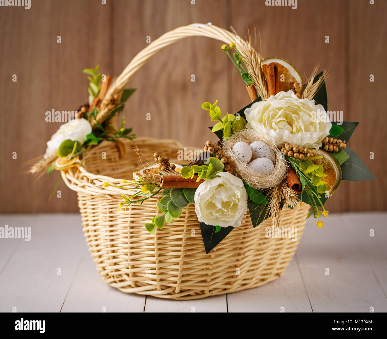 Beautiful Decorative Basket With Flowers To Celebrate Easter On A