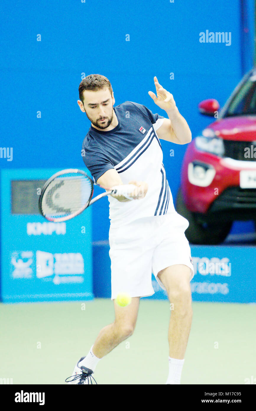 Pune, India. 4th January 2018. Marin Cilic of Croatia, in action in a quarter-final match of the Tata Open Maharashtra Tennis tournament. Stock Photo