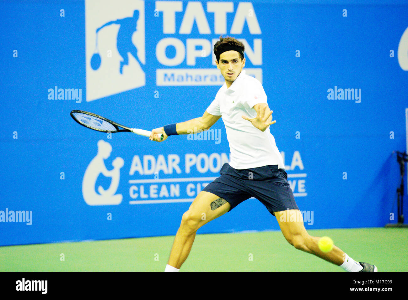 Pune, India. 4th January 2018. Pierre-Hugues Herbert of France, in action in a quarter-final match of Tata Open Maharashtra Tennis tournament. Stock Photo