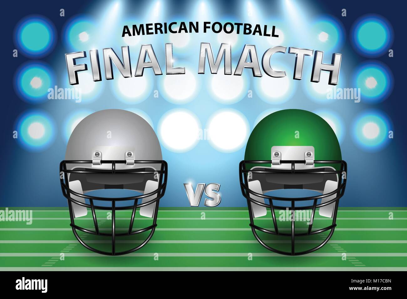 American football final match concept. Silver and green Helmets on
