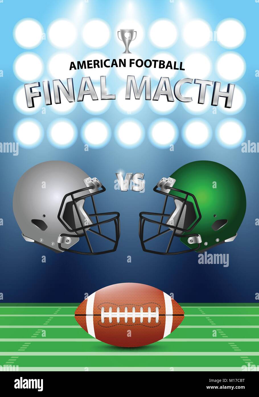 American football final match poster concept. Silver, green Helmets and