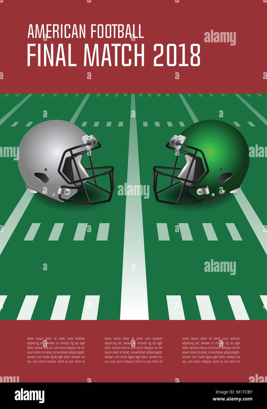 American football final match poster concept. Silver, green Helmets and