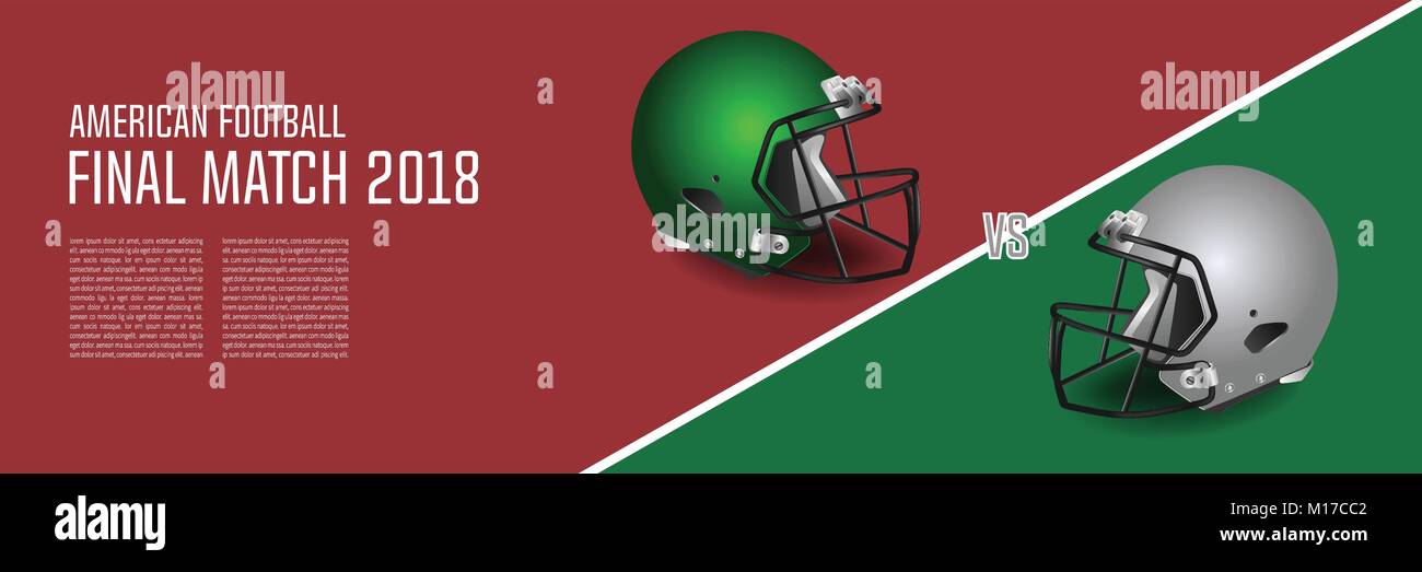 American football final match concept. Silver, green Helmets and