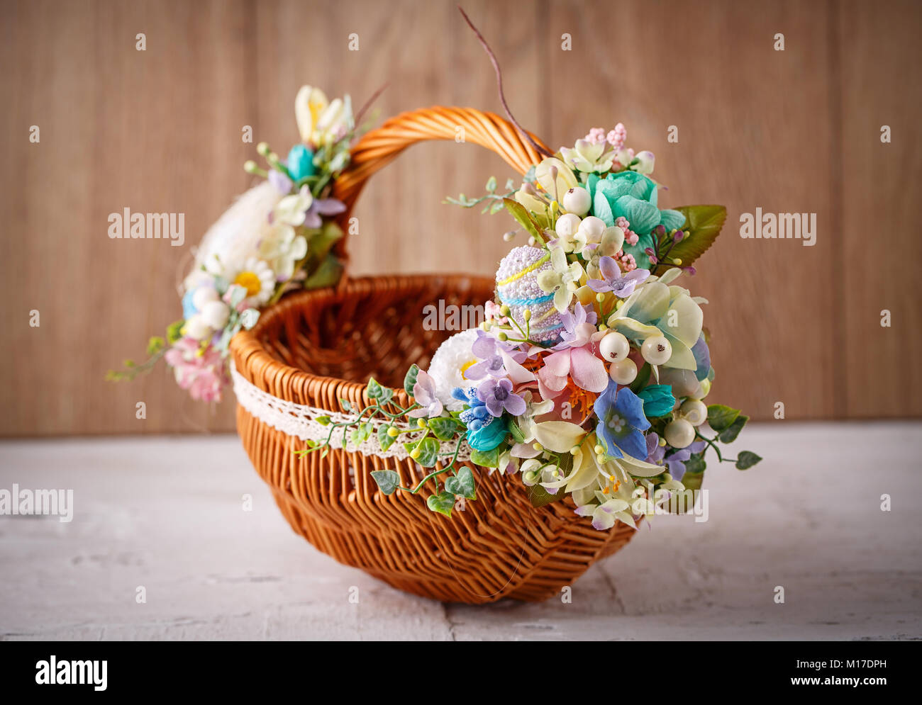 Designer Basket Is Decorated With Flowers Wicker Basket For Stock